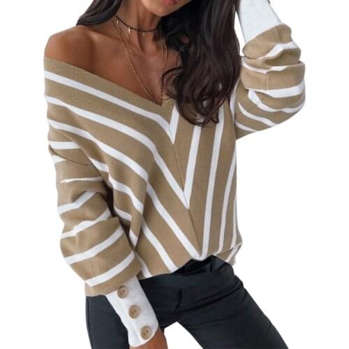 Women Autumn Long Sleeve V-Neck Sweater Sexy Off The Shoulder Knitted Pullover Tops Color Block Striped Casual Loose Jumper Stre