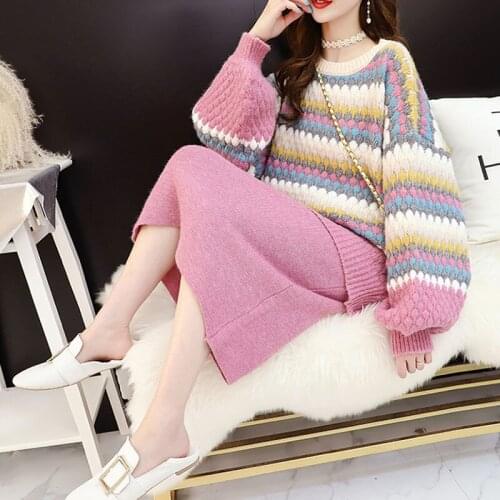 Autumn Women Sweet Knit Two-piece set Loose Round neck Lantern Sleeves Sweater Pullover Tops Warm Solid Skirt Female Winter Sets