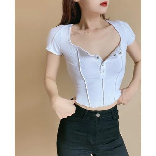 Women Exposed Seams Crop Top Curved Hem Fitted Short Sleeve T-shirt With Button Detail A012