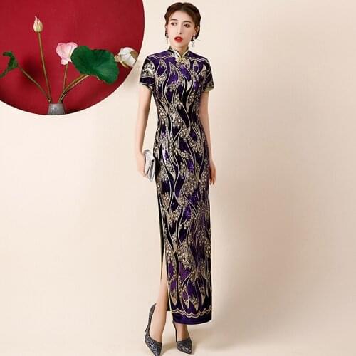 Chinese Traditional Women Gold Velvet Cheongsam Dress Elegant Ladies Vintage Sequins Embroidery Velour Qipao Oversize 5XL