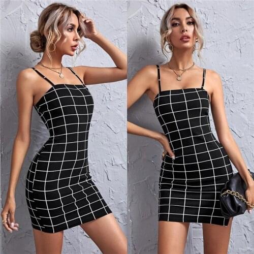 2021 Sexy Women Dress Sleeveless Slash Neck Plaid Print Party Clubwear Strap Bodycon Side Split Short Pencil Dress