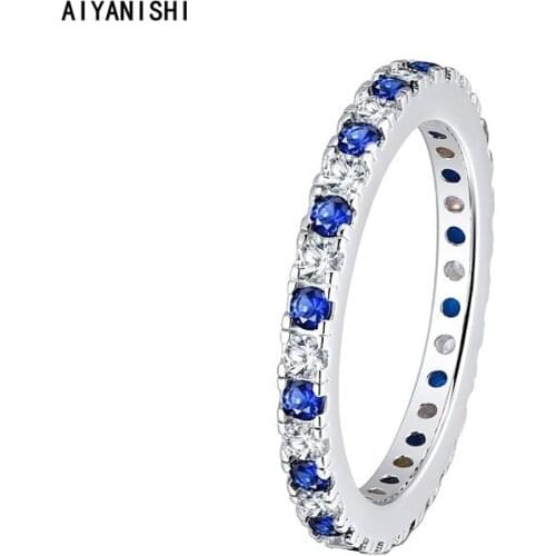 AIYANISHI 925 Sterling Silver Wedding Blue/White Full Eternity Band Ring For Women Row Drill Rings Girl Party Lover Ring Jewelry