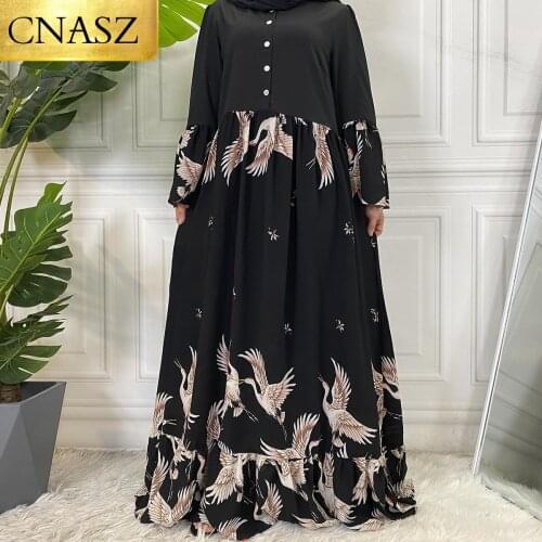 2021 Fashion Long Bubble Chiffon Fabric Dresses With Printed For Women Islamic Muslim Ladies Dress Dubai Middle East