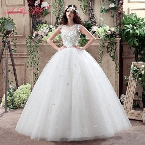 AXJFU luxury princess little flower white lace wedding dress vintage o neck illusion turkey ball gown beading wedding dress