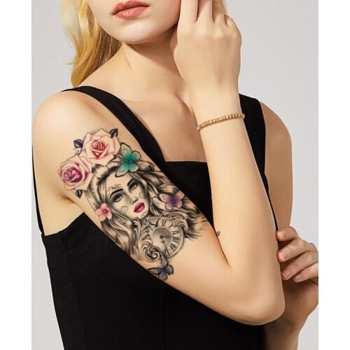 Watercolor Rose Tattoo Sticker Fake Colorful Butterfly Clock Waterproof Temporary Tattoos for Women English Letters Totem Tatoos