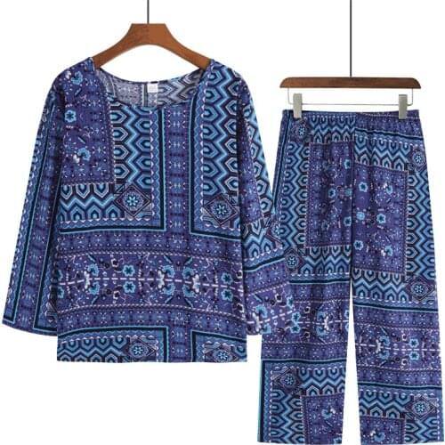 Summer Womens Pant Suits Middle-aged Elderly Mothers Printing Cotton Linen Pullover Loose Top Short Sleeve Pants Sets Two-piece