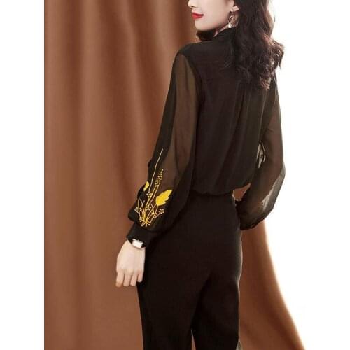 Black Puff sleeve Chiffon Office Shirt Women Elegant Patchwork Mesh Tops Ladies Office Plus size Work Blouse Autumn Embroidery