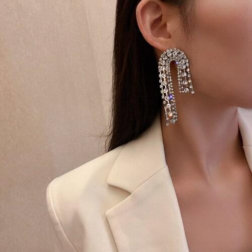 Long Tassel Crystal Drop Earrings for Women Irregular Geometric Asymmetry Luxury Rhinestone Earrings Party Jewelry