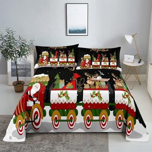 Christmas Train 0.9/1.2/1.5/1.8/2.0m Digital Printing Polyester Bed Flat Sheet With Pillowcase Print Bedding Set