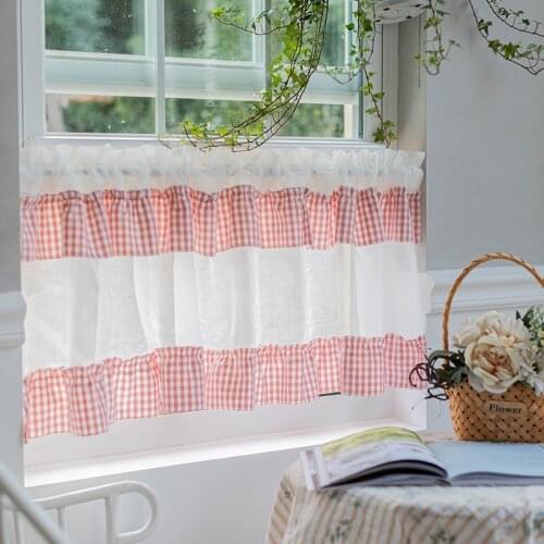 DUNXDECO Short Curtain For Kitchen Door Half Cortinas Spring Romantic Little Pink Check Sheer Fabric Patchwork Rideau Store Deco