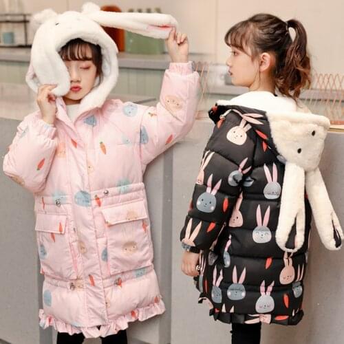 Winter Jacket for Girl Cartoon Rabbit Hooded Down Cotton Warm Coat Children Long Coat Kids Jacket for Girls 3 6 8 10 12 14 Years