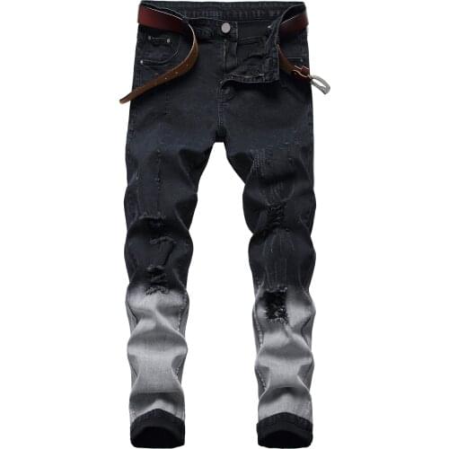 Men casual jeans fashion color patchwork washed distressed hole jeans male straight stretch slim-fit denim pants