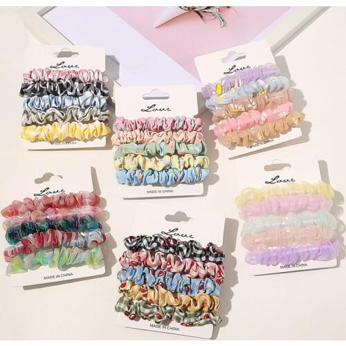 5Pcs/Set Chiffon Organza Scrunchie Pack Set Gauze Flowers Elastic Rubber Bands Daisy Plaid Cherry Hair Rope Ring Accessories