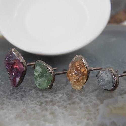 Irregular Natural Ametystals/Citrines/Aquamarines Nugget Adjustable Ring,Healing Crystal Reiki Quartz Fluorite Women Finger Ring