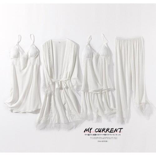 New women summer solid color pajamas ice silk five-piece homewear comfortable sexy lace home service suit