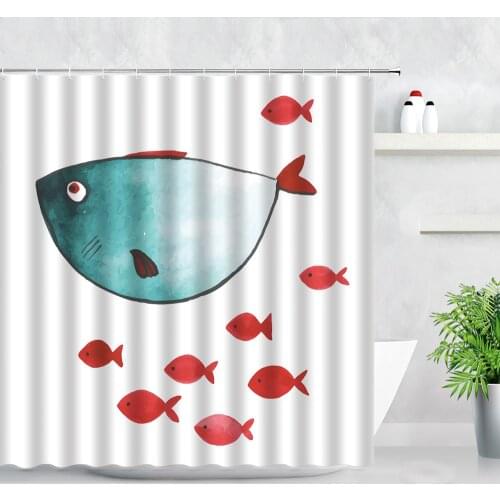 Ocean Animals Decor Shower Curtains Cartoon Fish Red Creative Waterproof Children Bathroom Curtain Sets With Hooks Bath Screens