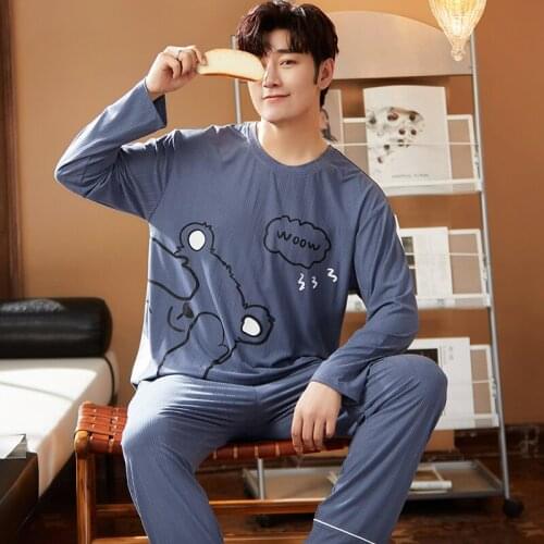 Autumn Winter Knitted Cotton Cartoon Little Bears Mens Pajamas Set Leisure Blue Long Sleeve Homewear Plus Size Mens Sleepwear