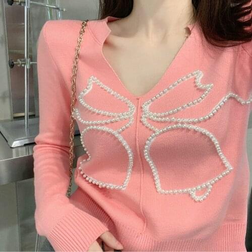 Retro Chic Sweet Korean Style Slim-fitted Shirt 2021 New Spring Bow Knot Pearl Termperament Tops Cute Kawaii Tops Spring New