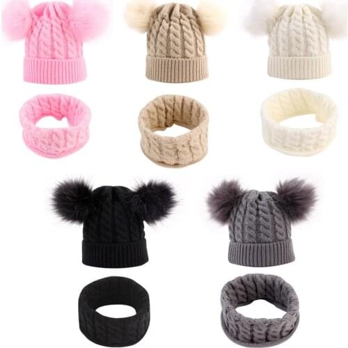 Fashion Infant Toddler Knit with Faux Fur Ball Caps Warm Child Circle Loop Scarf baby HairBands Accessorise Sets Photo Props
