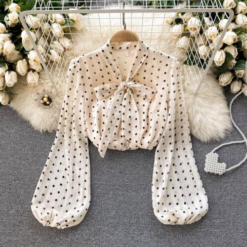 SINGREINY Women Korean Polka Dot Blouse Sweet Bow Collar Puff Sleeve Office Blouses Autumn Casual Loose Streetwear Tops 2021