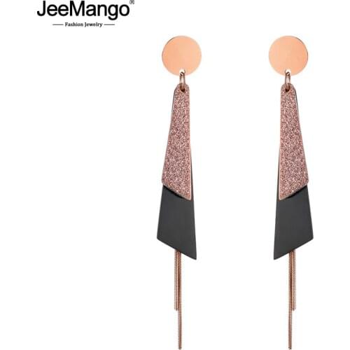 JeeMango Bohemia Rose Gold Color Earrings With Frosted & Black Sheet Long Tassel Stainless Steel Women Earrings Fashion JE18441