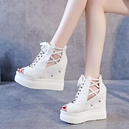 12cm Platform Wedge Heel Korean Style Hollow Fish Mouth Shoes New Style Womens Shoes In The Tide Platform Sandals
