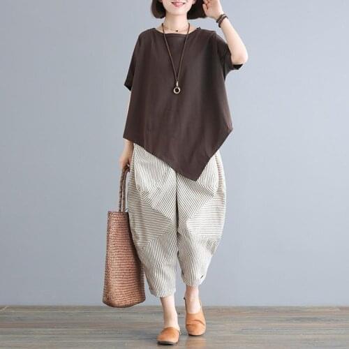 Women 2021 Summer Suit Female Casual Solid Round Collar Short Sleeve T Shirt + Wide Leg Harem Pants Set Ladies Fashion Sets T63