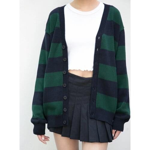 Vintage Striped Cotton Cardigan Sweater Women 2021 Autumn V Neck Long Sleeve Oversize Cardigans Simple Casual Knitted Tops Chic