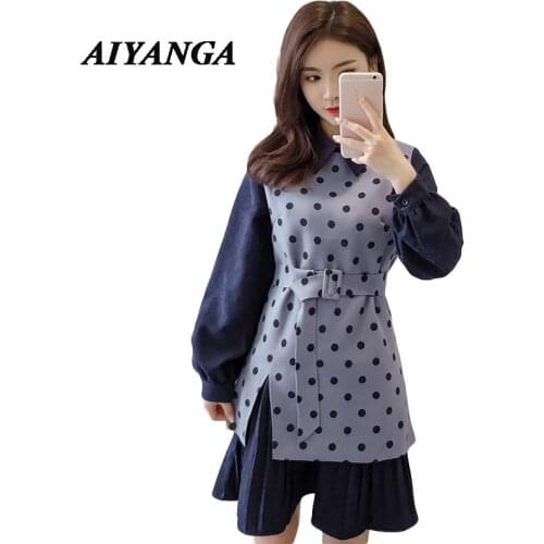 New 2018 Korean Office Lady Fashion Turn Down Collar Dress Two Piece Set Womens Pleated Hem Woolen Dot Dresses Winter Vestidos