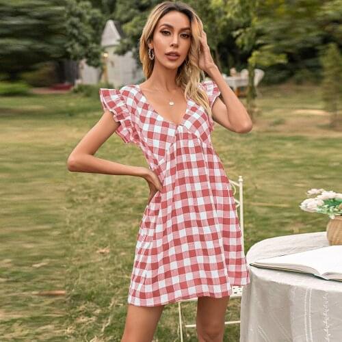 Fashion Bodycon Dress Butterfly Sleeve Boho Dress Ladies Short Sleeve Dress Elegant Mini Sexy Dress Bohemian V-Neck Dress Plaid