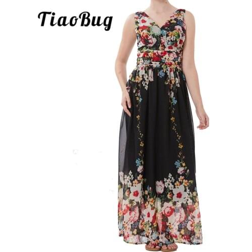 Womens Floral Print Dress Summer Beach Chiffon Long Dress for Ladies Women Sexy V Neck Evening Party Dress Femme Flower Dresses