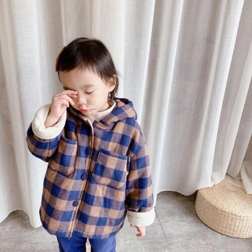 2020 Winter New Baby Girls Cotton Jackets Korean Fashion Plaid Hooded Thick Coats for Girl 2-6 Years Kid Plus Velvet Warm Jacket