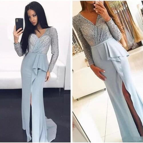 2021 V-Neck Long Sleeves Beading Top Mermaid Prom Dresses Split Front Modest Evening Party Gowns Custom Special Occasion Gown