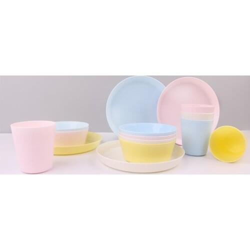 2021 New 12 Piece Plastic Dinnerware Set, Reusable BPA Free 4 Cups, 4 Bowls and 4 Plates