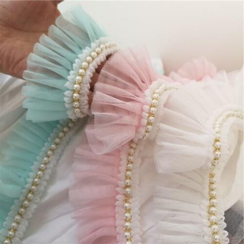 6cm wide pink white ruffle lace with pearl skirt home doll clothes handmade lace accessories