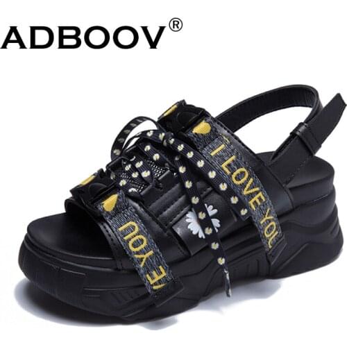 ADBOOV Chrysanthemum Wedge Sandals Women Thick Sole Platform Leather Sandals Slippers Shoes Ladies