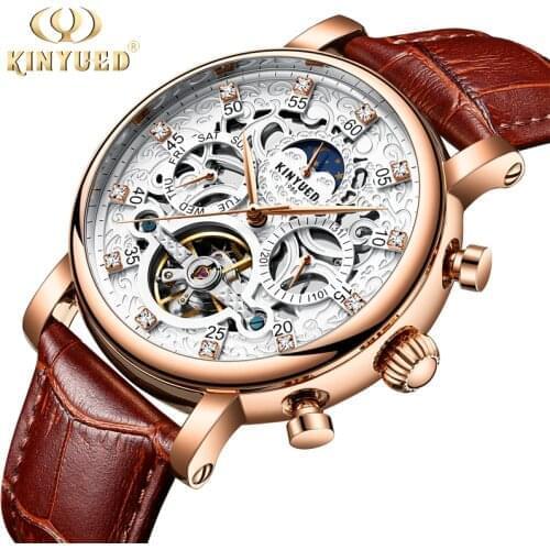 KINYUED Men Watch Automatic Moon Phase Calendar Tourbillon Mens Skeleton Mechanical Watches Gold Leather Military Wrist watch