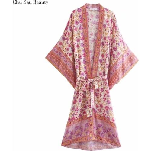 Chu Sau Beauty 2021 Boho Style Retro Print Bat Sleeve Kimono Dress Jacket V-neck Waist Tie Fashion Robe