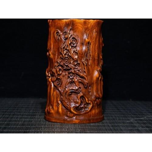 5"China Lucky Old Boxwood Hand-carved Plum pattern Pen holder penholder Office Ornaments Town House Exorcism