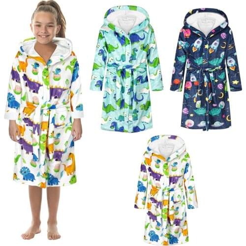 Children Bathrobe Autumn Cartoon Night Gown Hoodie Robe Winter Warm Velvet Nightgown Kids Girls Sleepwear Boys Pajamas