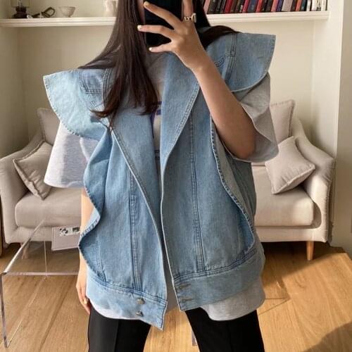 Harajuku Ruffles Oversize Denim Jacket Fashion Sleeveless Large Size Vest Tops Chic Streetwear Jeans Coat Single Breasted Jacket