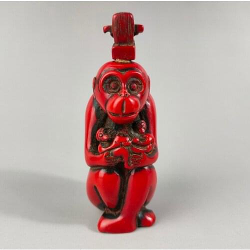 Exquisite Chinese Classical Traditional Craft Collection Home Decoration Gift Red Resin Cute Monkey Statue Snuff Bottle