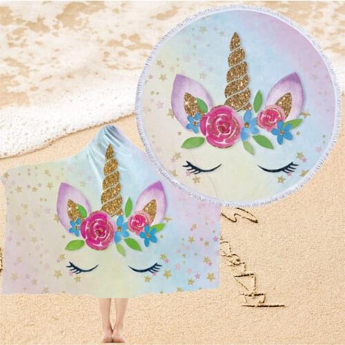 Hooded and Round Beach Towel Set Cartoon Unicorn 150cm Microfiber Summer Swimming Bath Towel Outdoor Travel Picnic Mat