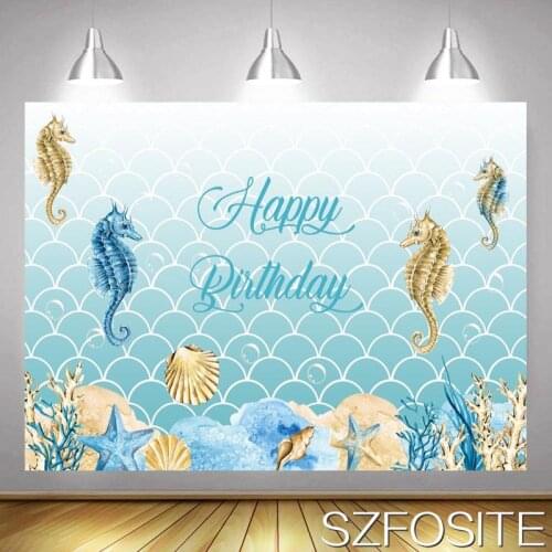 Seahorse Mermaid Cartoon Backdrop Birthday Party Light Blue Girl Decoration Baby Shower Newborn Customize Background Photo Shoot