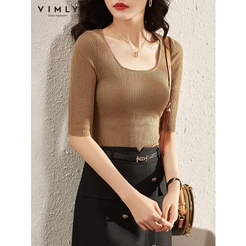 VIMLY Solid Square Neck T-shirt for Womens 2021 Autumn Simply Knitted Top Elegant Slim Sweater Tshirt Female Clothes F8869