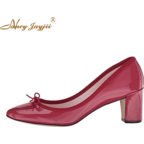 Nancyjayjii Patent Red Burgundy Cendrillon Ballerina Ballet Dance Pumps 2 Inch Wrapped Chunky Heels Almond Toe French Brand