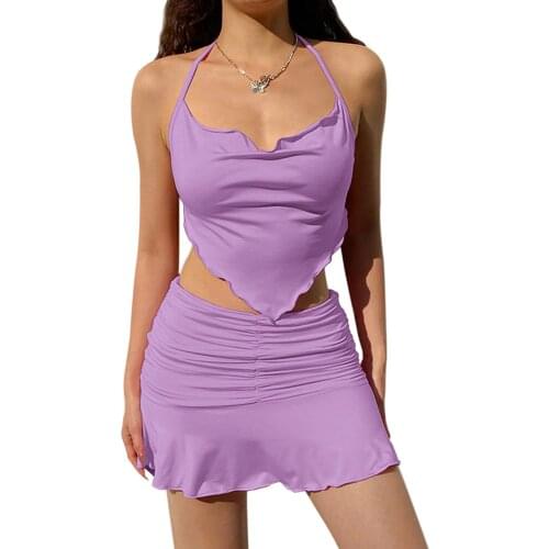 2Pcs Women Summer Fashion Outfit,Solid Color Halter-Neck Backless Tank Tops + Ruffled Skirt Suit for Girls, Purple/Blue/Orange