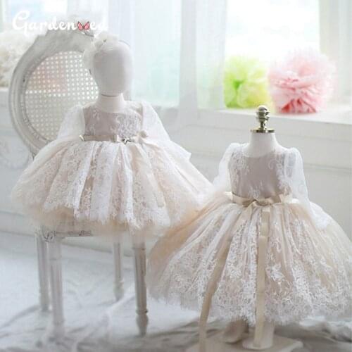 Gardenwed Lace Puffy Flower Girl Dresses 2020 Simple Champagne Girl Wedding Party Dress Ribbons Communion Dress