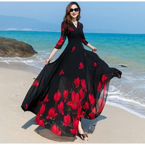 2021 Spring Summer Floral Chiffon Vintage Midi Dress Plus Size Boho Beach Maxi Dresses Women Bodycon Party Casual Black Vestidos