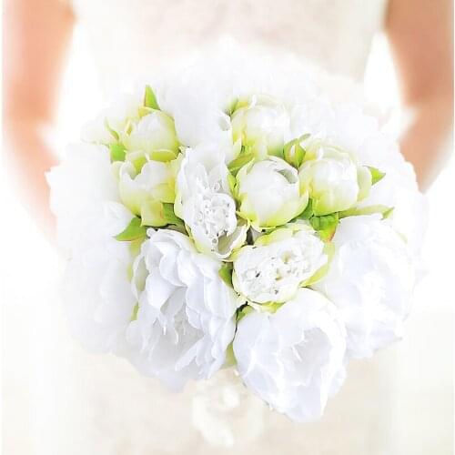 Iffo New Handmade White green peony bouquet wedding bride bouquet bridesmaid peony hand holding flowers Bridal Peony Bouquet